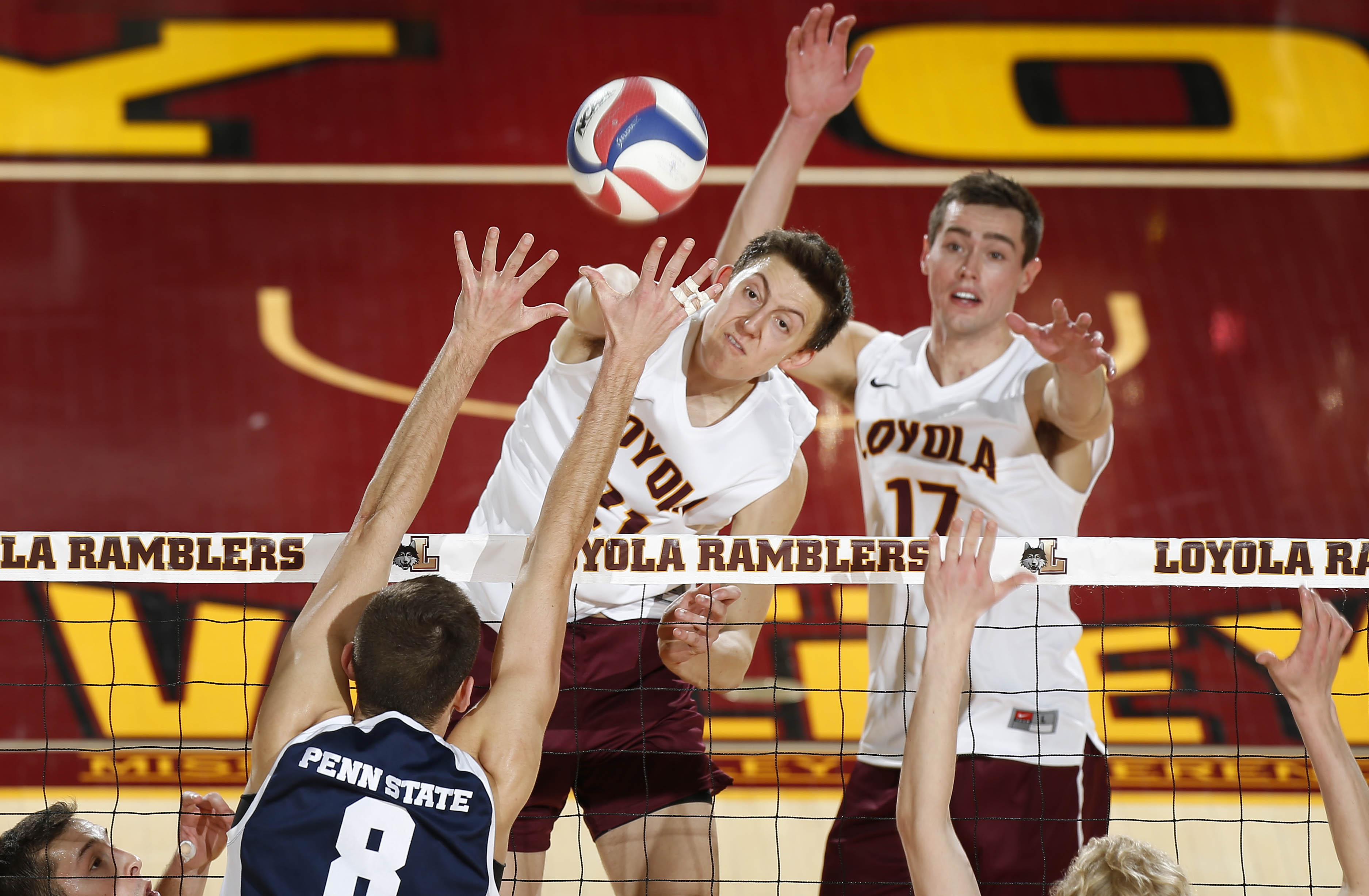 Then-Loyola teammates Jeff Jendryk (left) and Thomas Jaeschke during a winning match against Penn State in 2015.