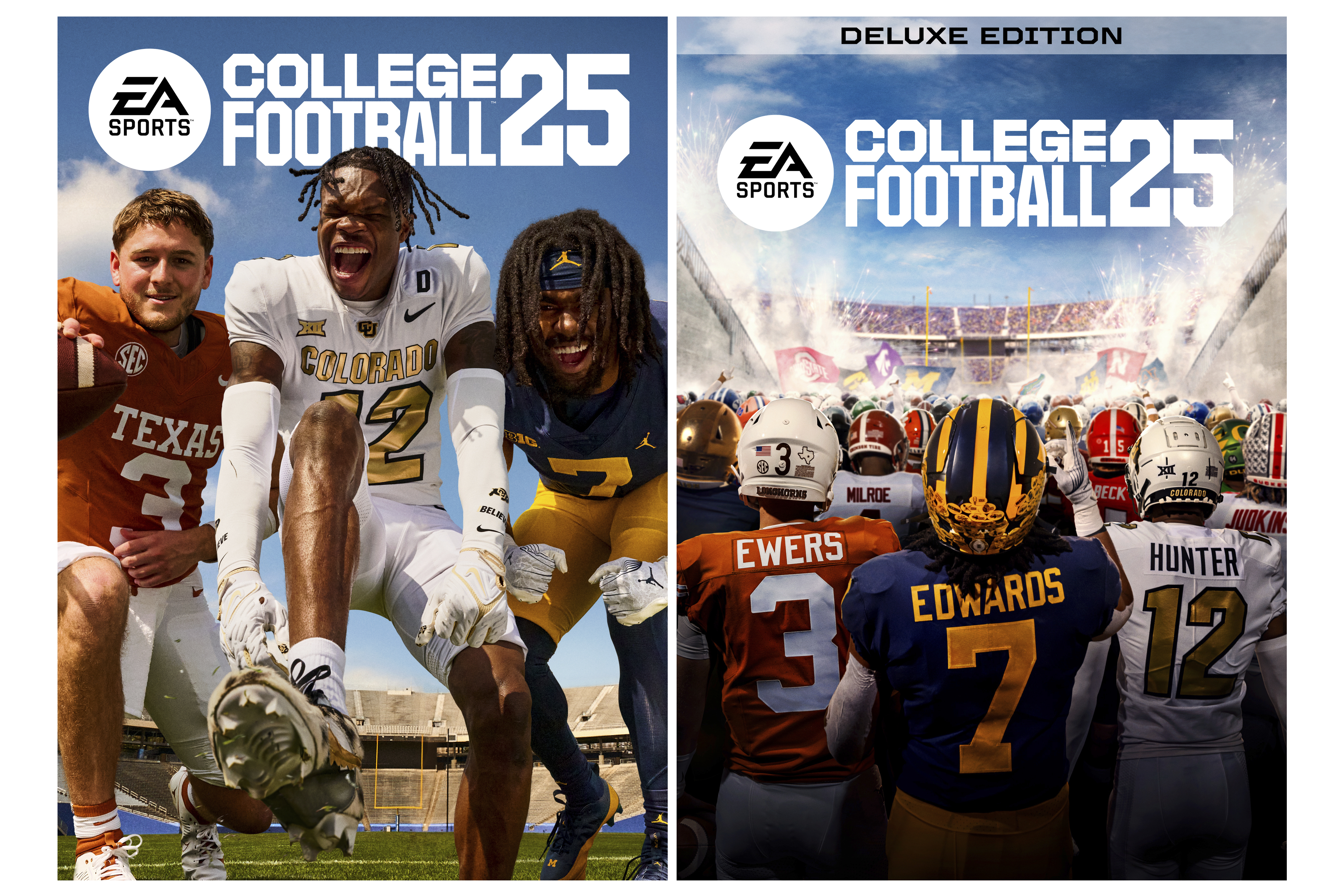 This combo of images provided by EA Sports, shows the video game covers for the new standard edition College Football 25, left, and Deluxe Edition College Football 25, featuring Texas' Quinn Ewers, Colorado's Travis Hunter, and Michigan's Donovan Edwards.