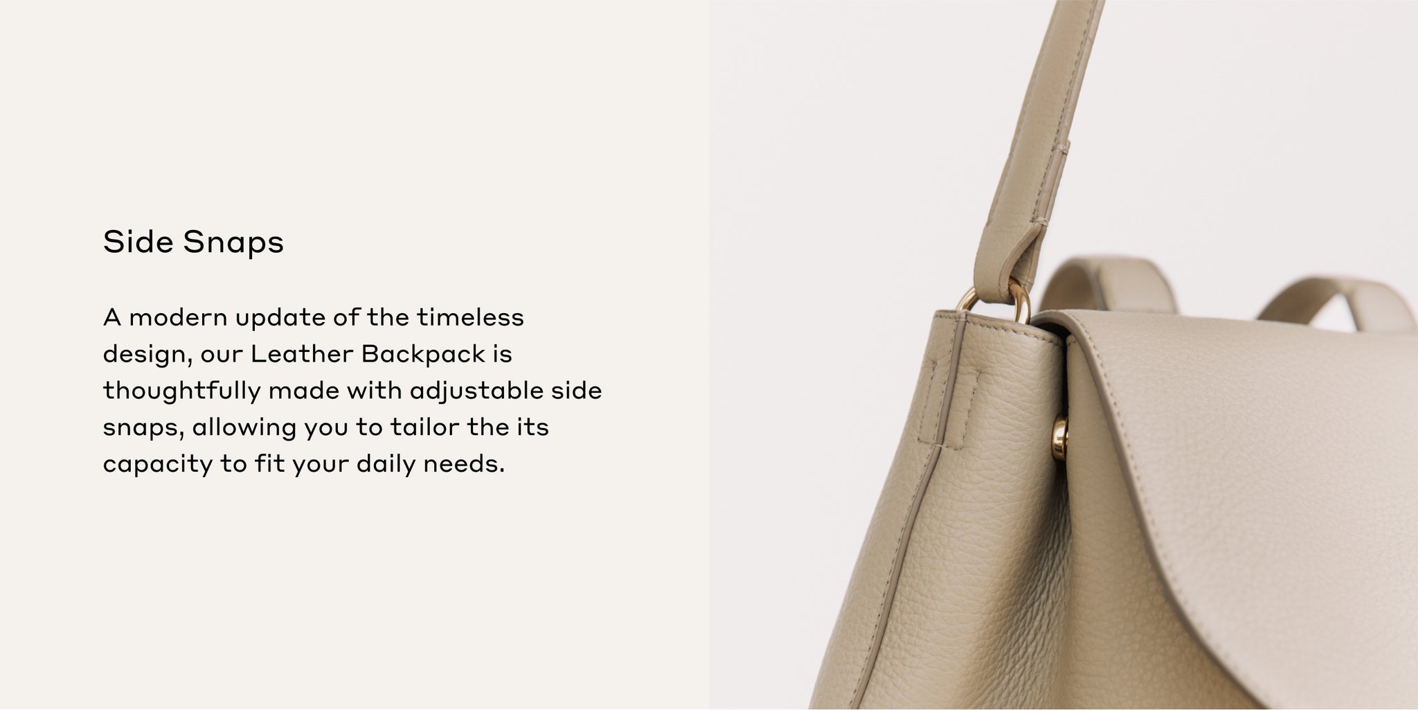 Two images of a leather backpack highlighting its side snaps feature.