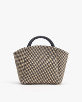 Patterned handbag with two handles against a plain background.