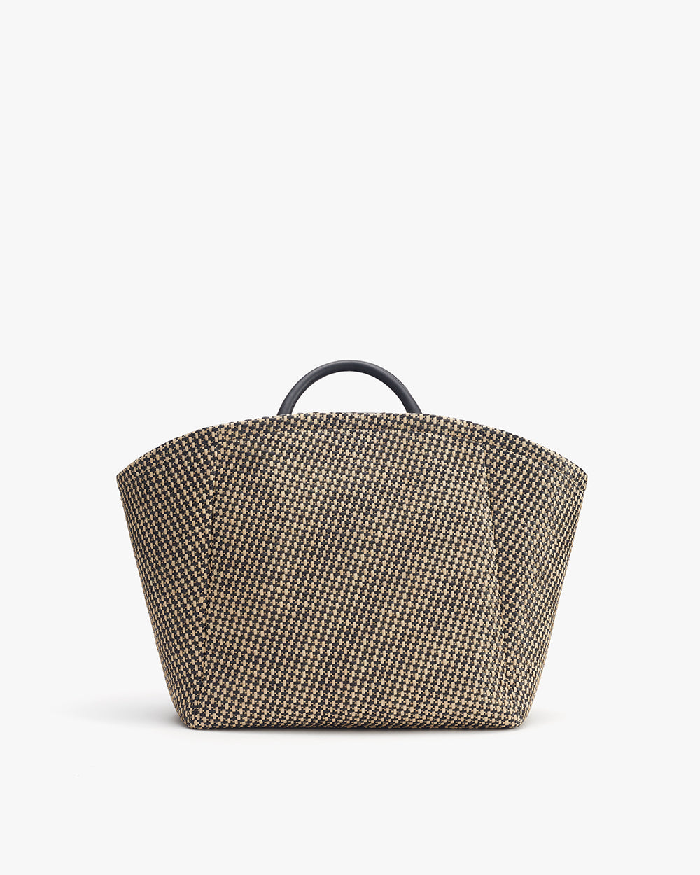 Patterned tote bag with handles on a plain background.