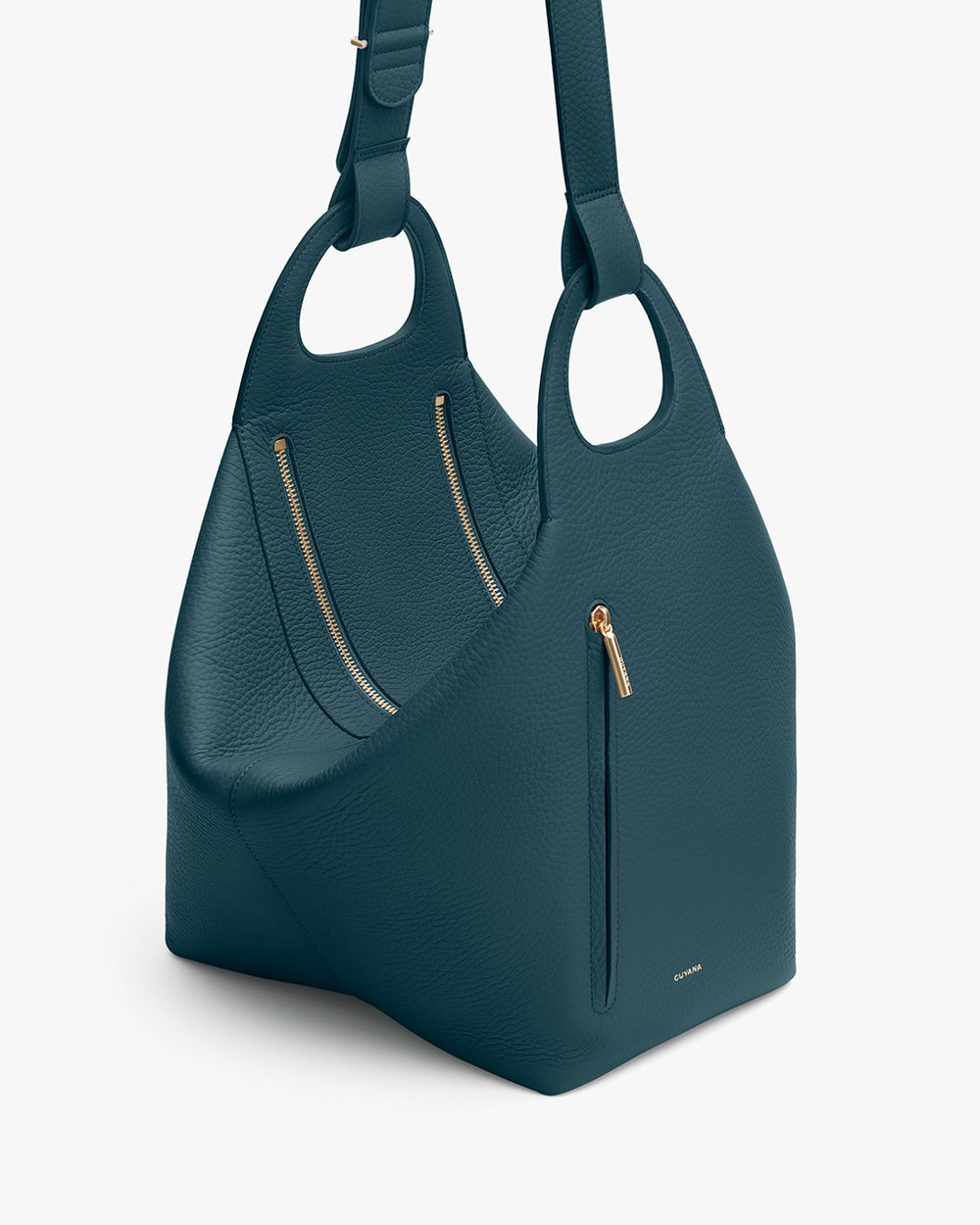 A handbag with two top handles and three zipper pockets