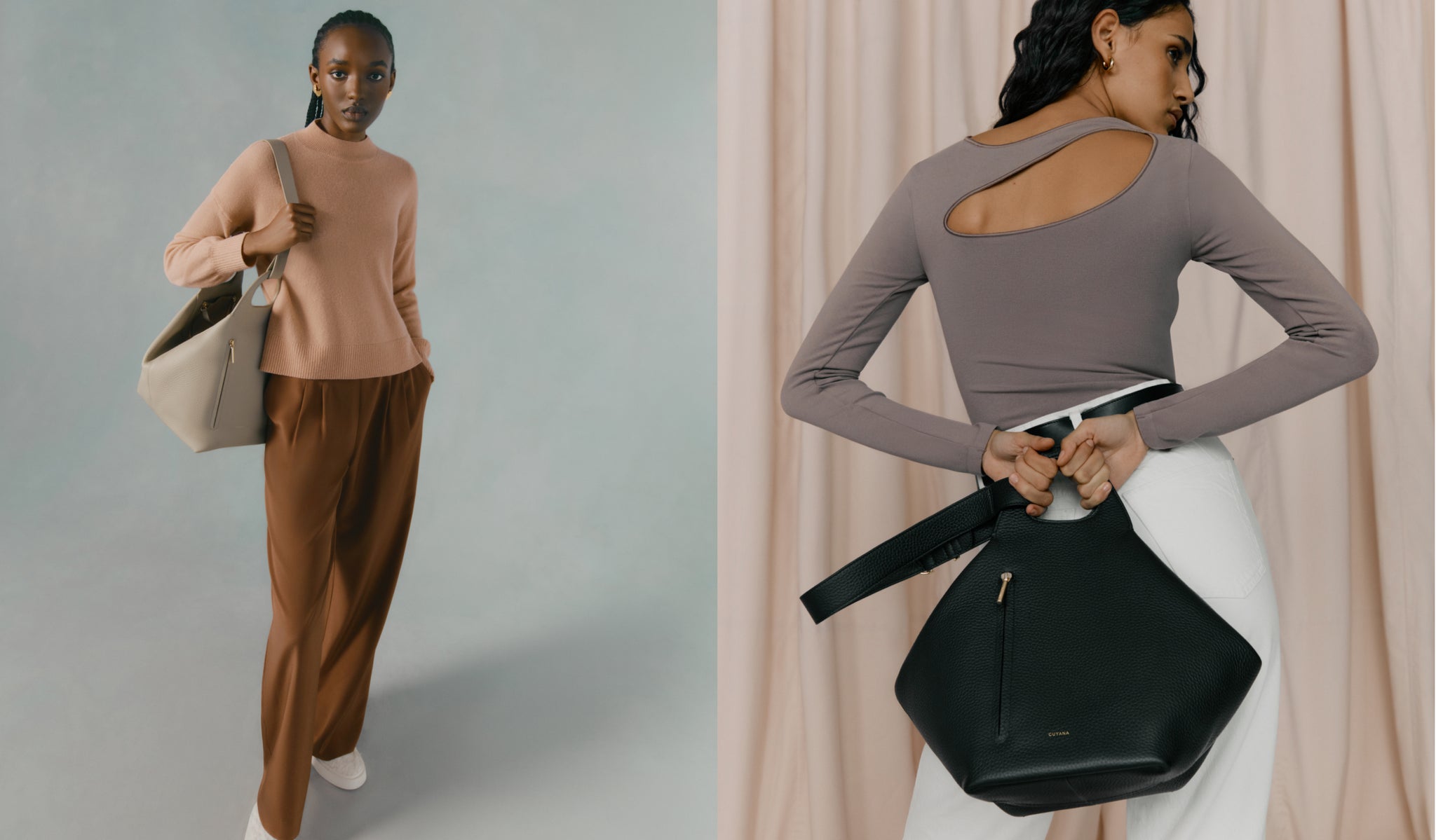 Two women posing, one holding a tote bag and the other holding a backpack.