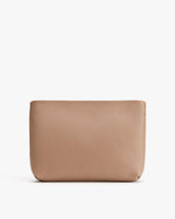 Leather pouch standing upright on a plain background.