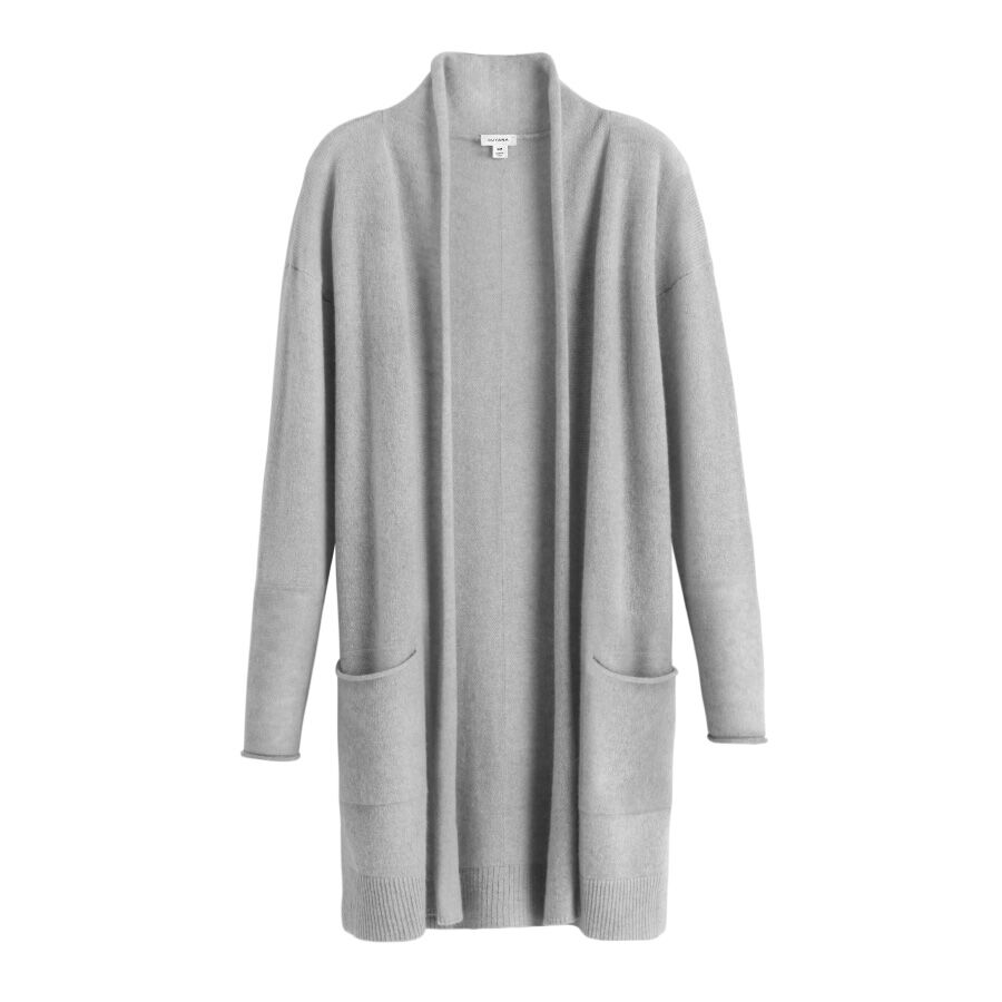 Long cardigan with pockets on white background.