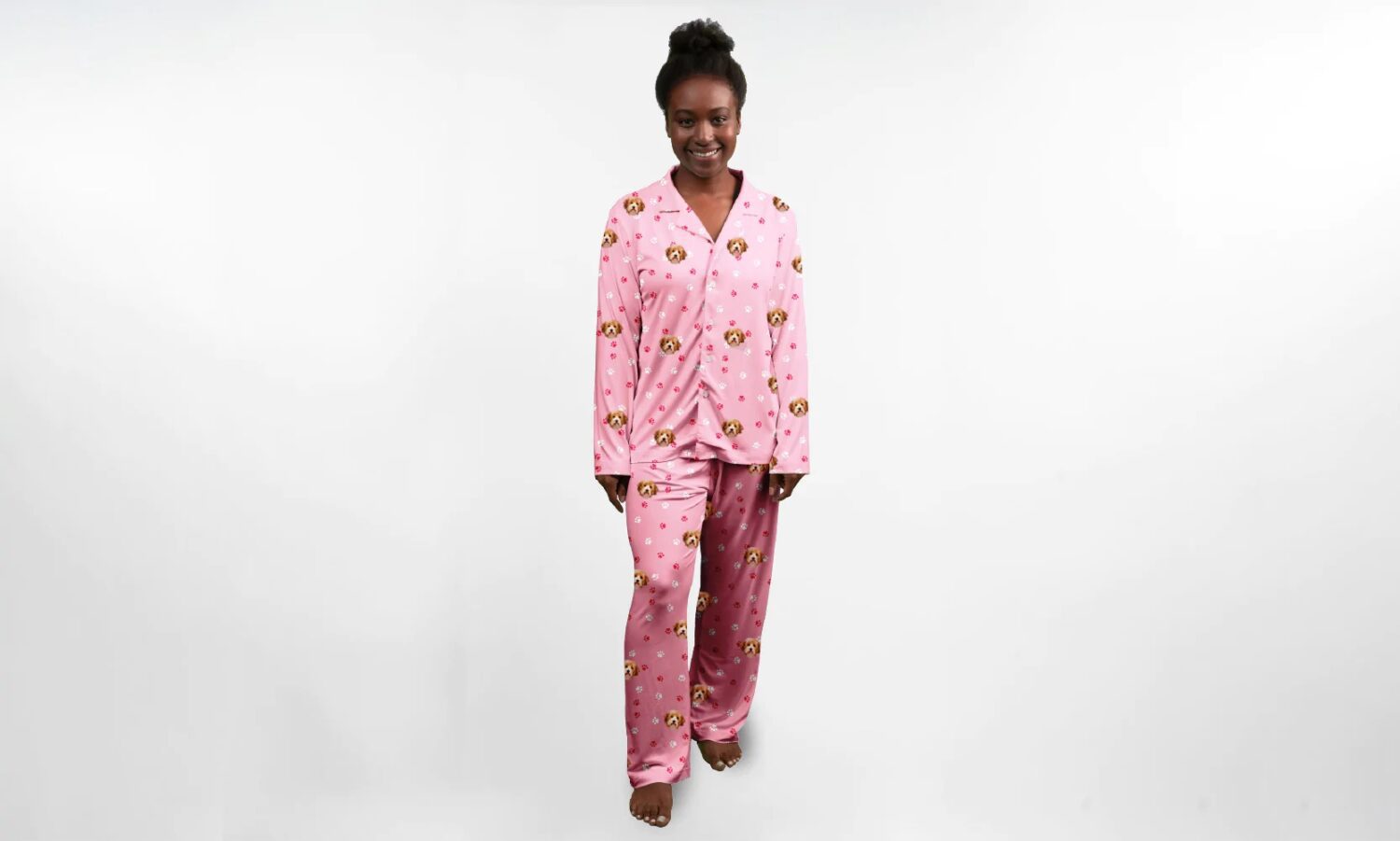 woman with images of her dog on her pajamas