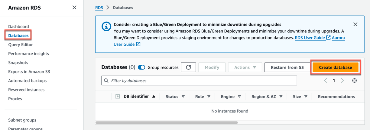 Select RDS to open the service console