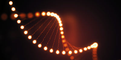 3d illustration of rotating DNA glowing molecule on orange background