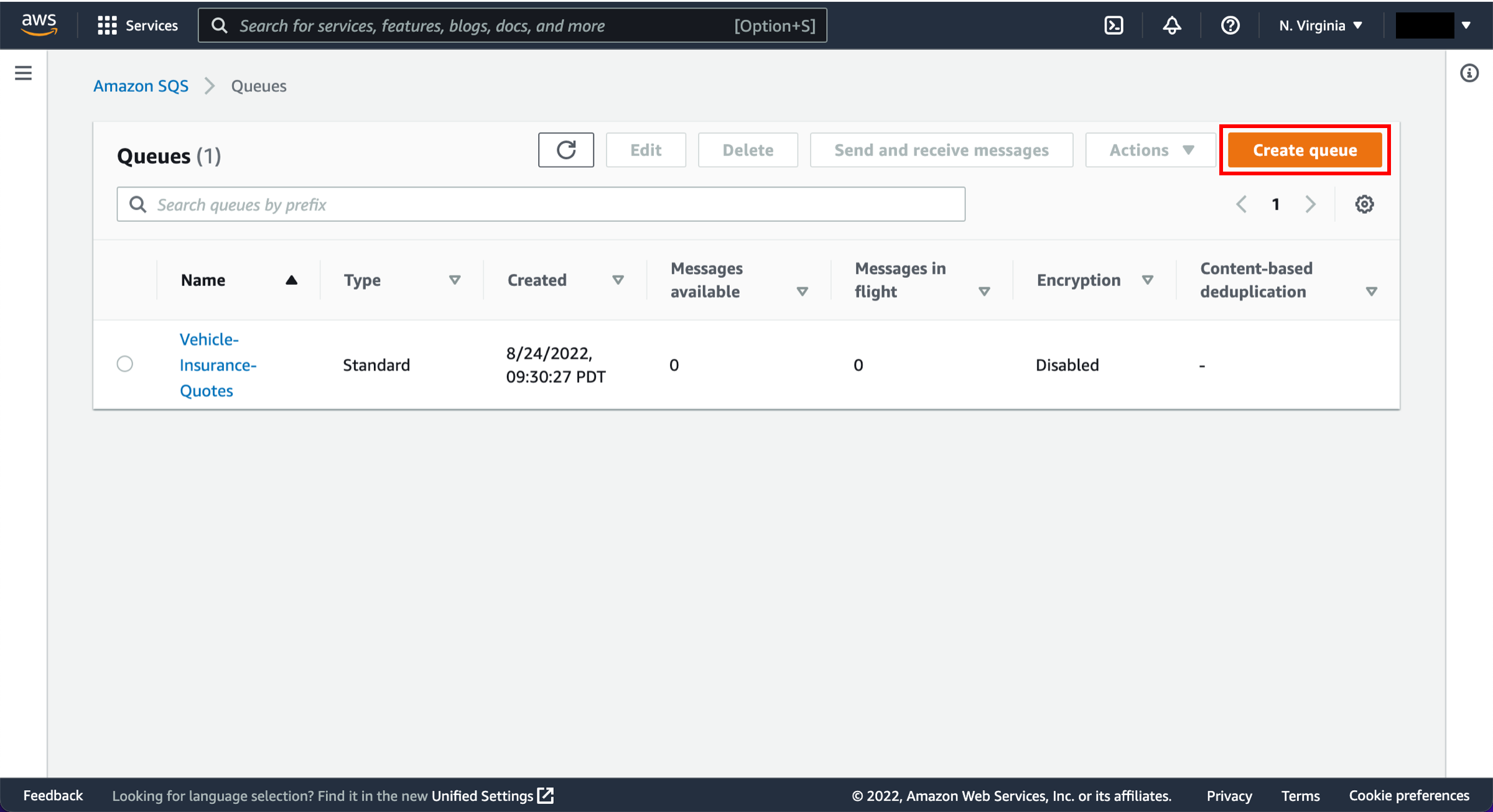 Queues page, with Create queue button highlighted.