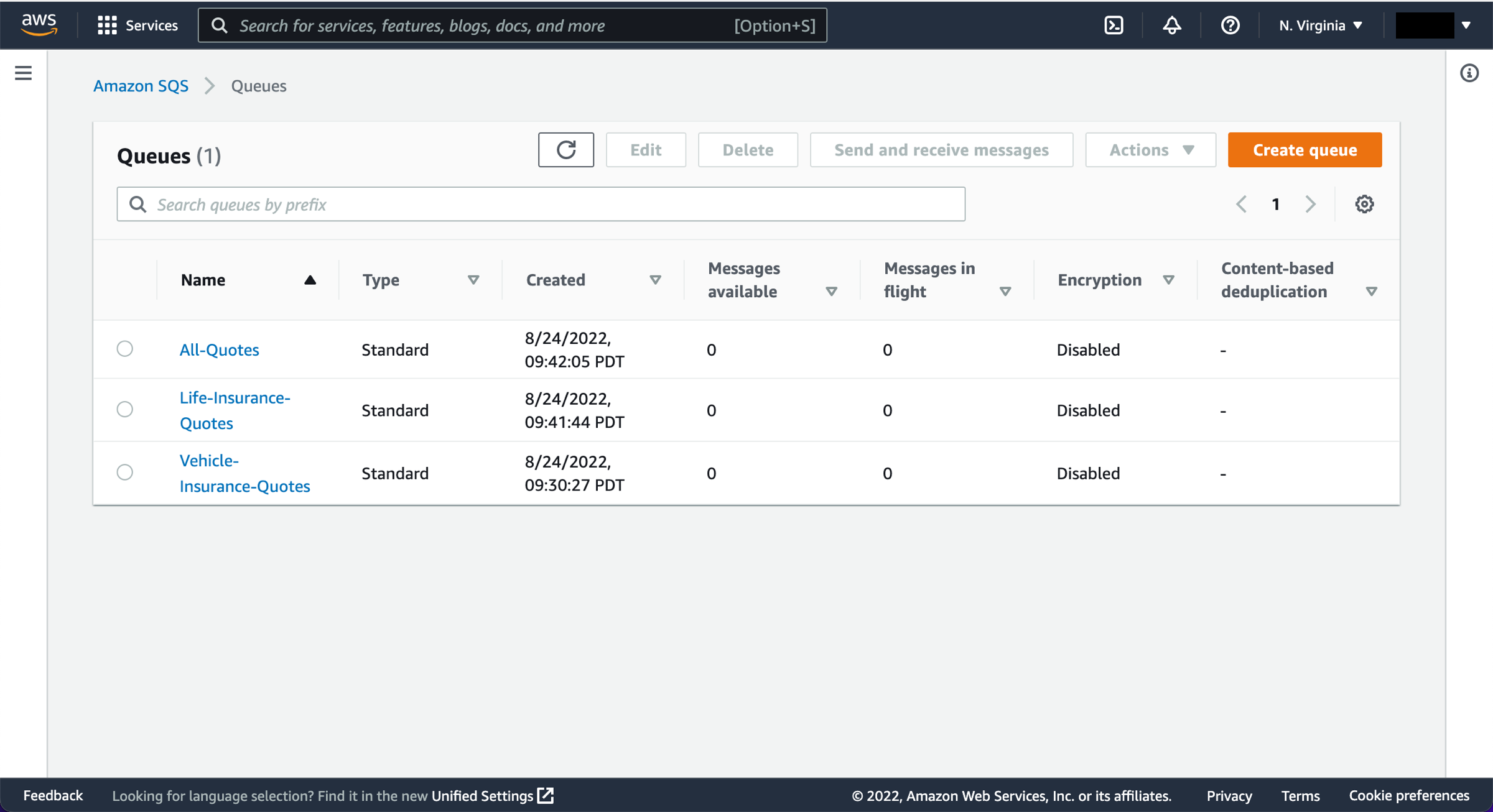 Queues page, listing the three queues created in this tutorial.