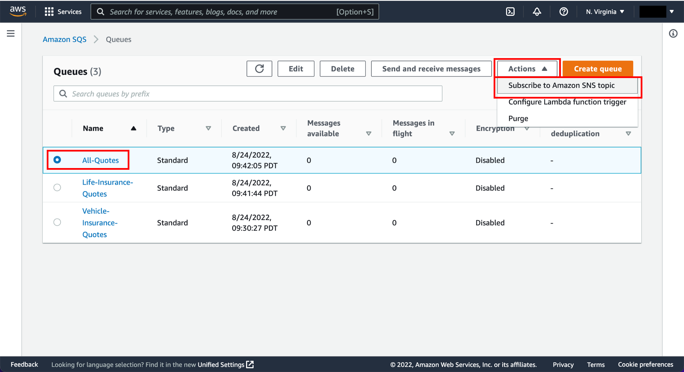 SQS queues page, with the All-Quotes queue selected and the Subscribe to Amazon SNS topic selected from the Actions dropdown.