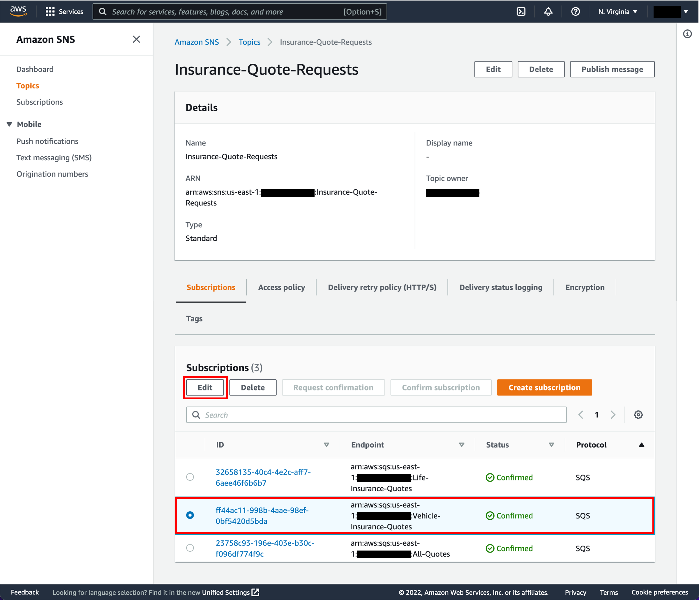 Insurance-Quote-Requests topic page, with Vehicle-Insurance-Quotes queue and Edit button highlighted.