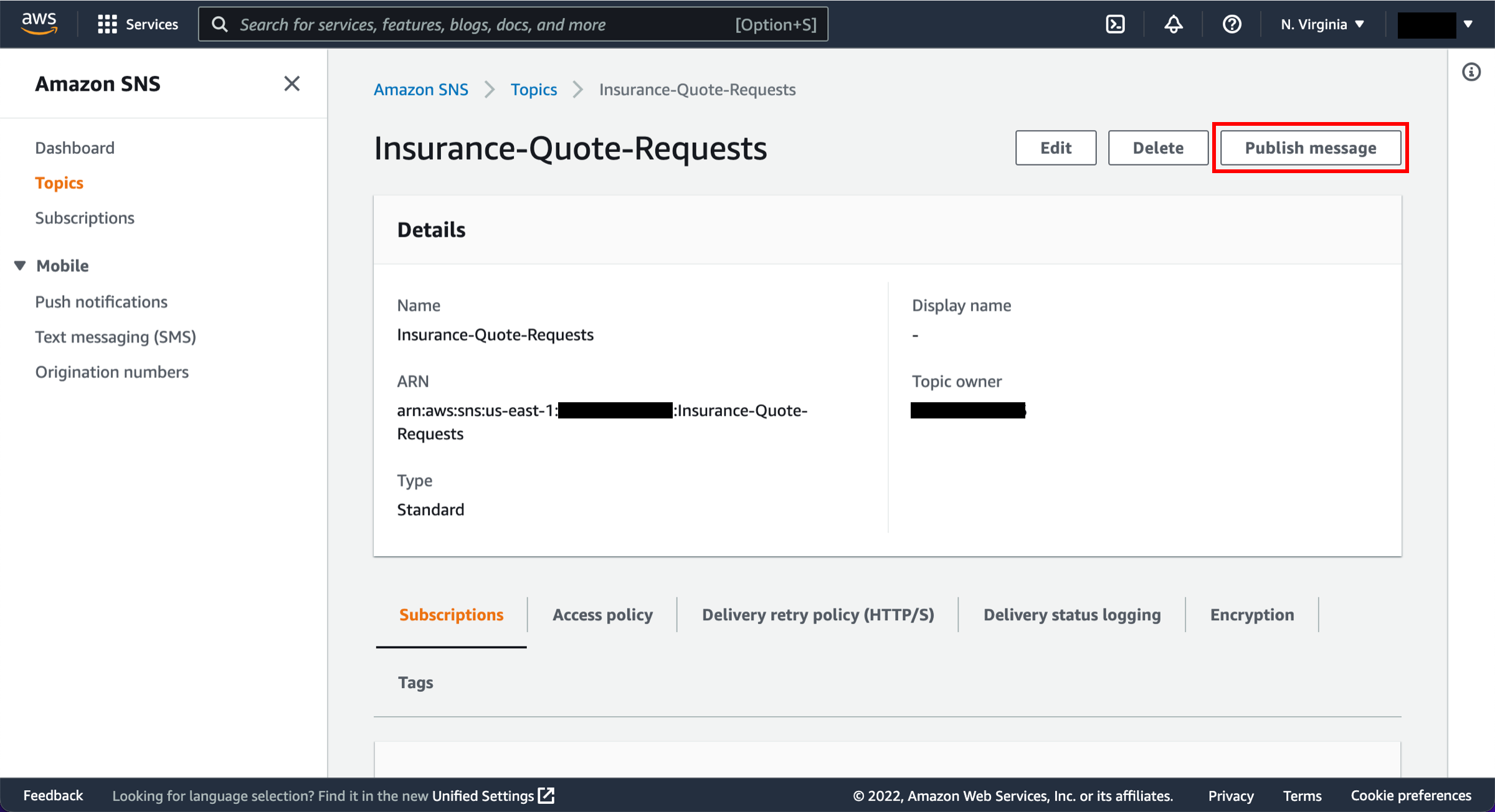 Insurance-Quote-Requests page, with Publish message button highlighted.