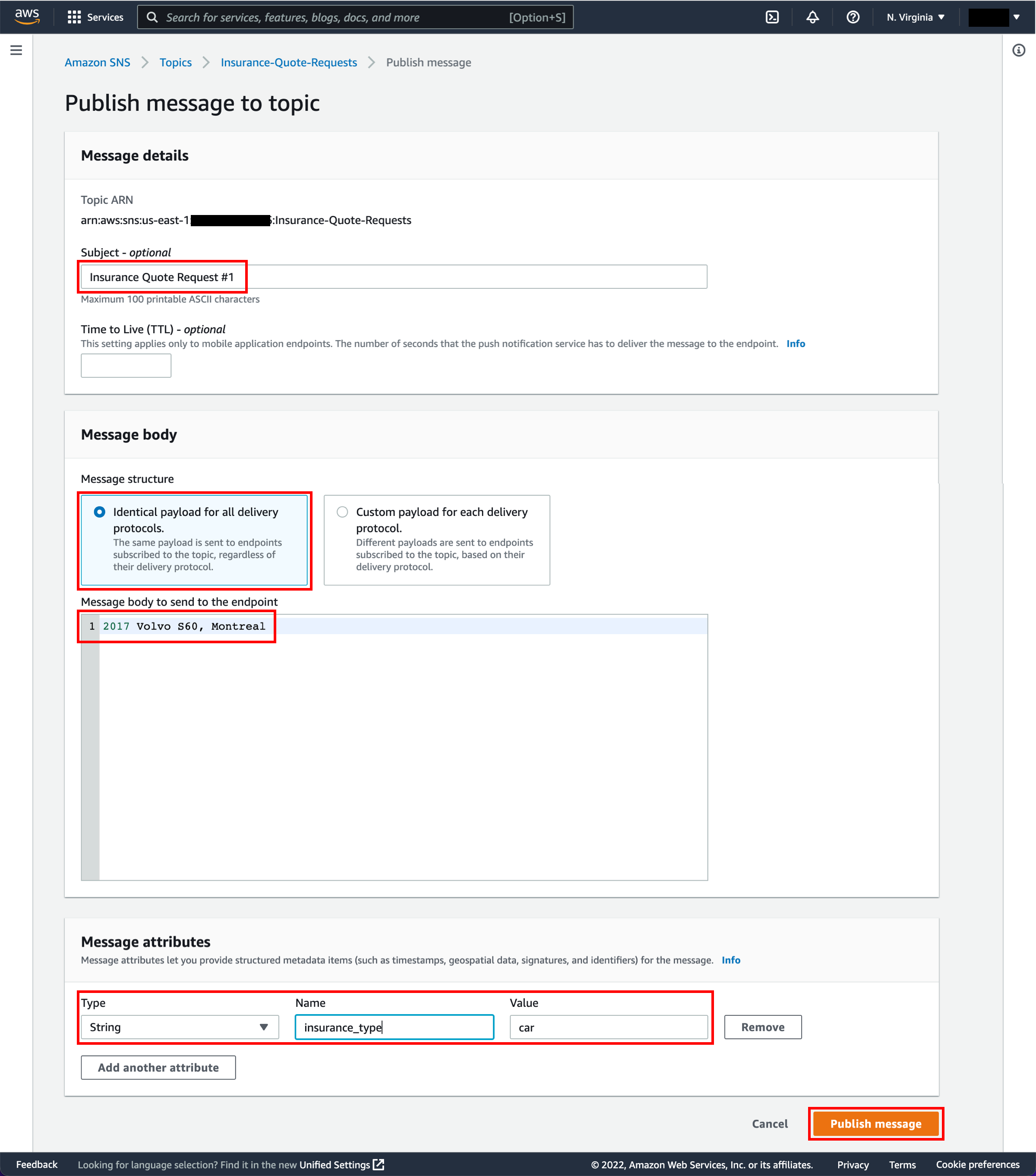 Publish message to topic page, with Subject, Message structure, Message body to send to the endpoint, Message attributes, and Publish message button highlighted.