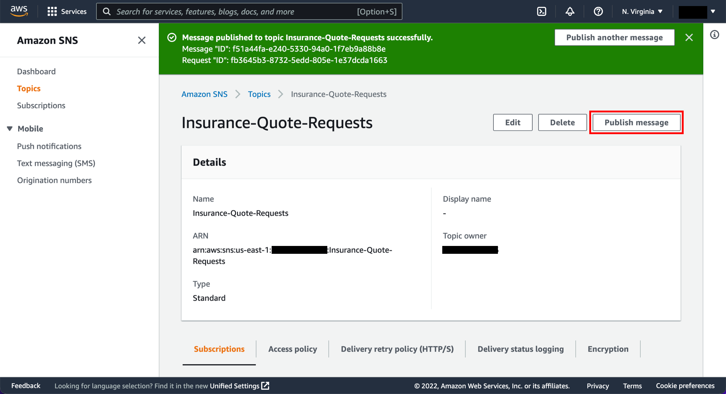 Insurance-Quote-Requests topic page, with Publish message button highlighted.