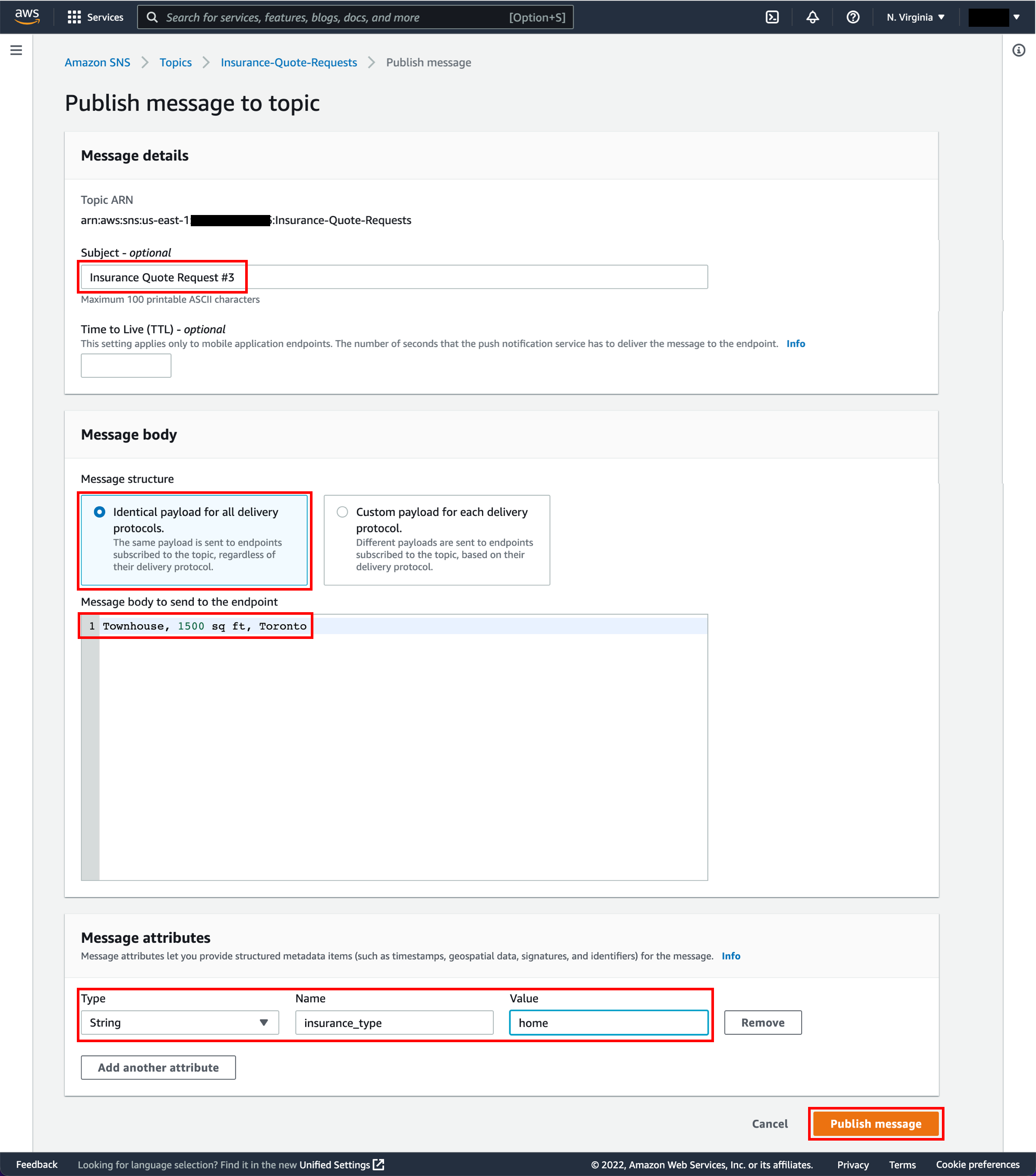 Publish message to topic page, with Subject, Message structure, Message body to send to the endpoint, Message attributes, and Publish message button highlighted.