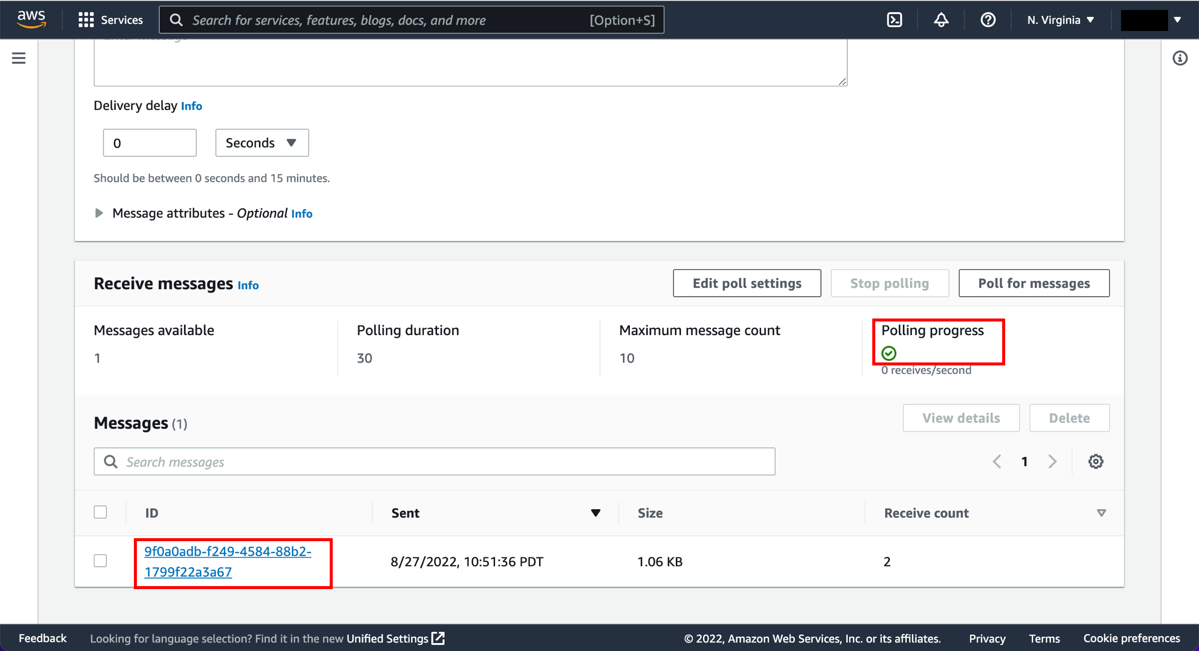 Messages page highlighting Polling progress and specific ID assigned to the message.