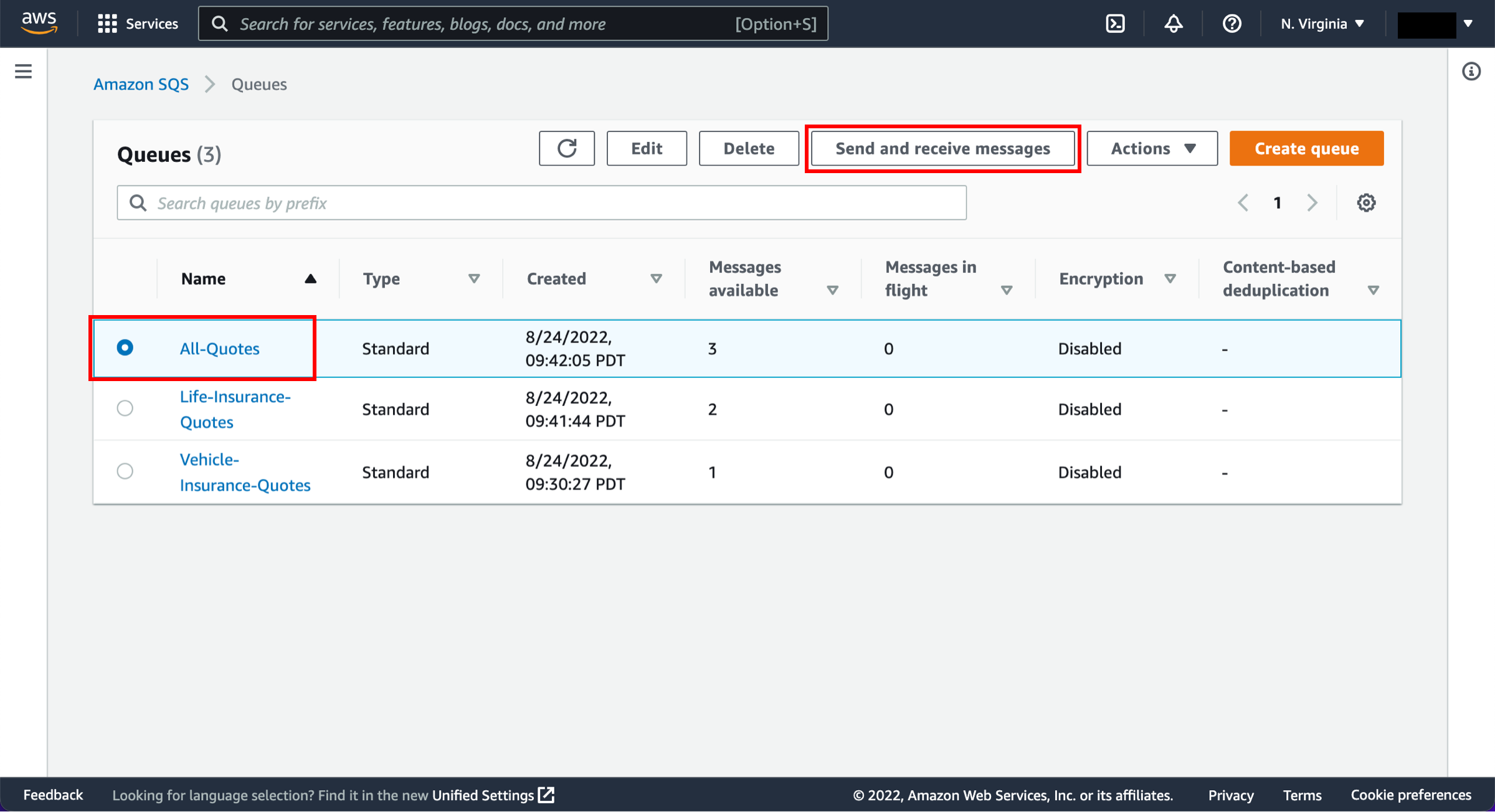 Queues page, with All-Quotes queue and Send and receive messages button highlighted.