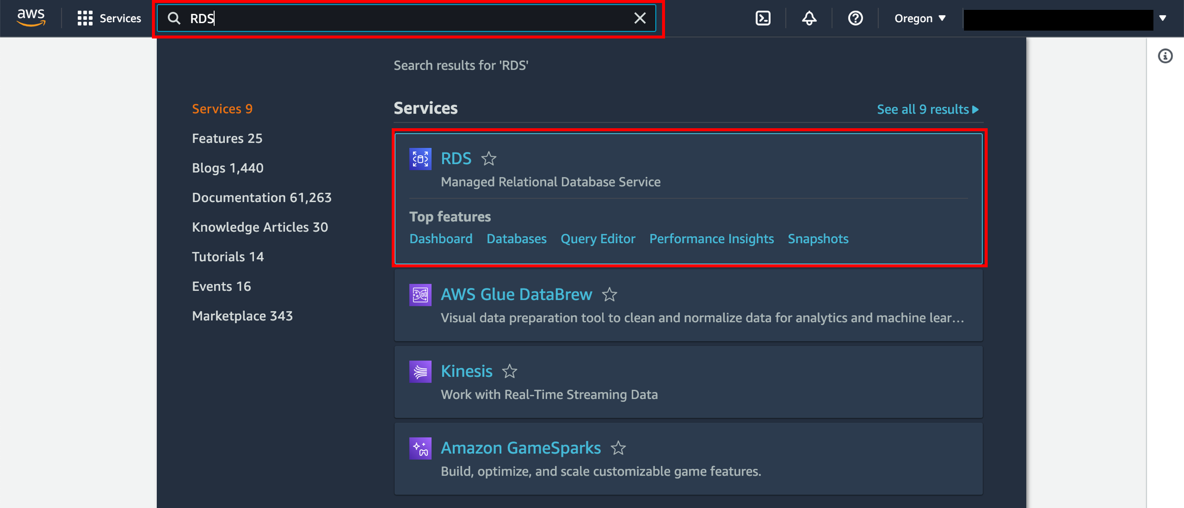 Select RDS to open the service console