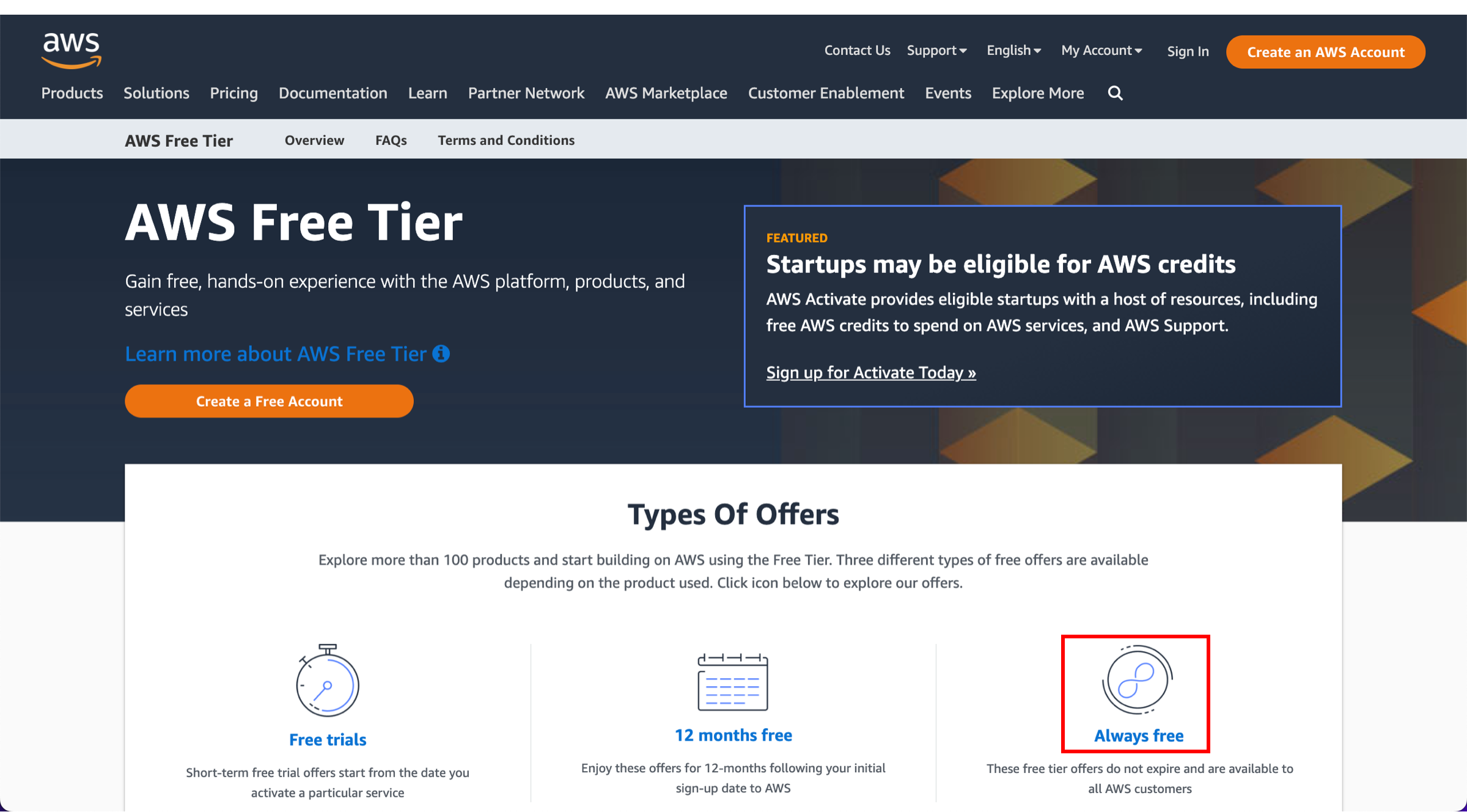 AWS Free Tier homepage, with the Always free link highlighted.