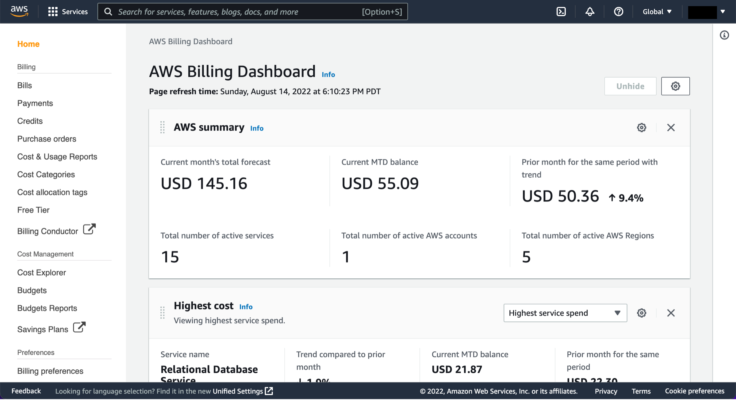 AWS Billing Dashboard page showing details in the AWS Summary section.