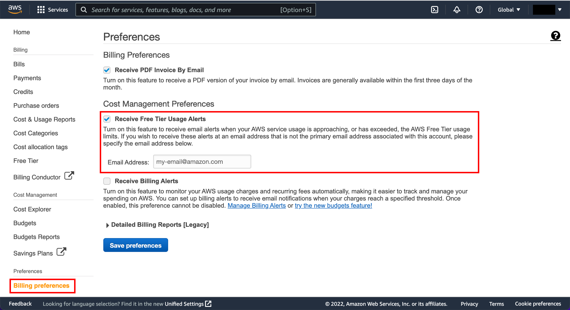 Billing preferences page, with Receive Free Tier Usage Alerts section highlighted. 