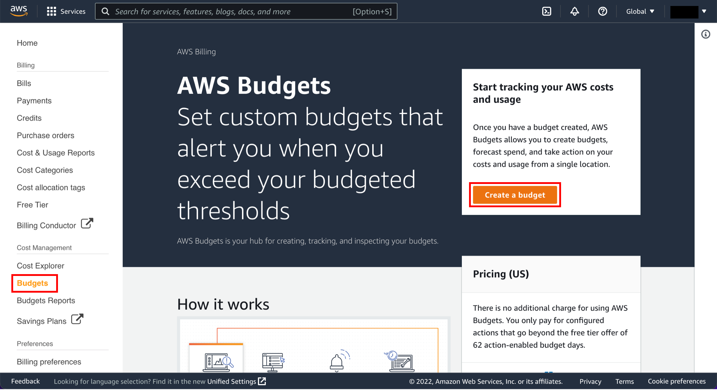 AWS Budgets console page, with Create a budget button highlighted.