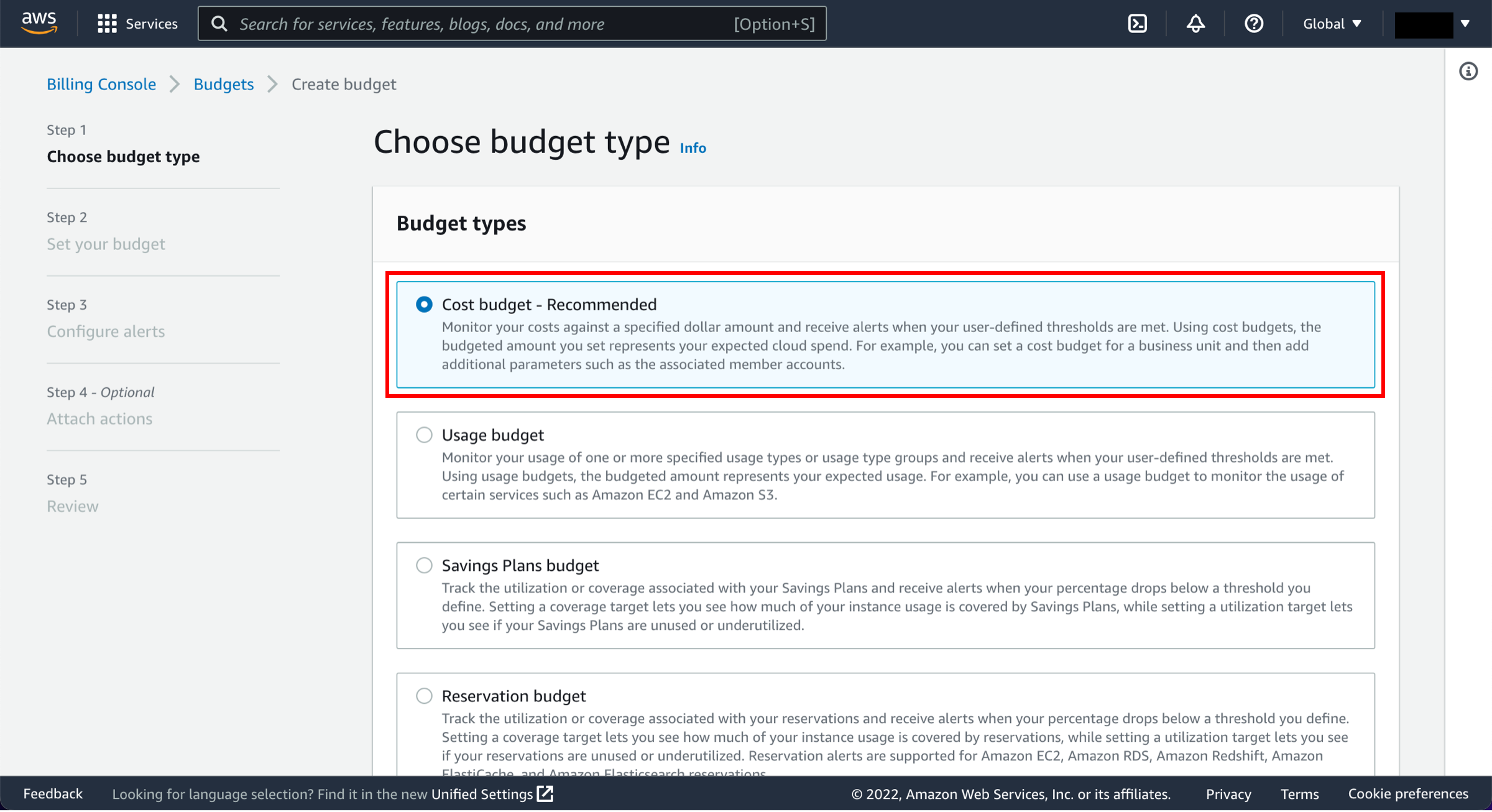 Choose budget type page with Cost budget option selected.