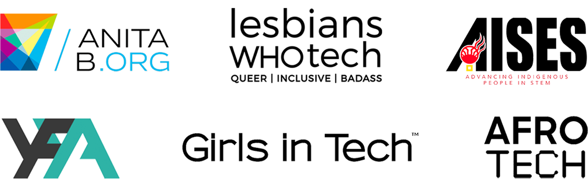 Logotipo da Afro Tech, logotipo da YFYA, logotipo da Lesbians Who Tech, logotipo da Girls in Tech, logotipo da AnitaB.org, logotipo da American Indian Science and Engineering Society