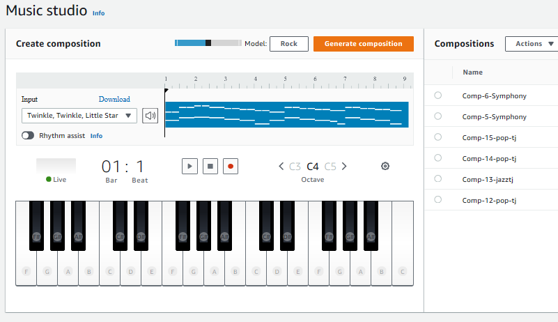 สำรวจตัวอย่างโมเดลที่ฝึกฝนไว้ล่วงหน้าซึ่งมีอยู่ใน AWS DeepComposer Console