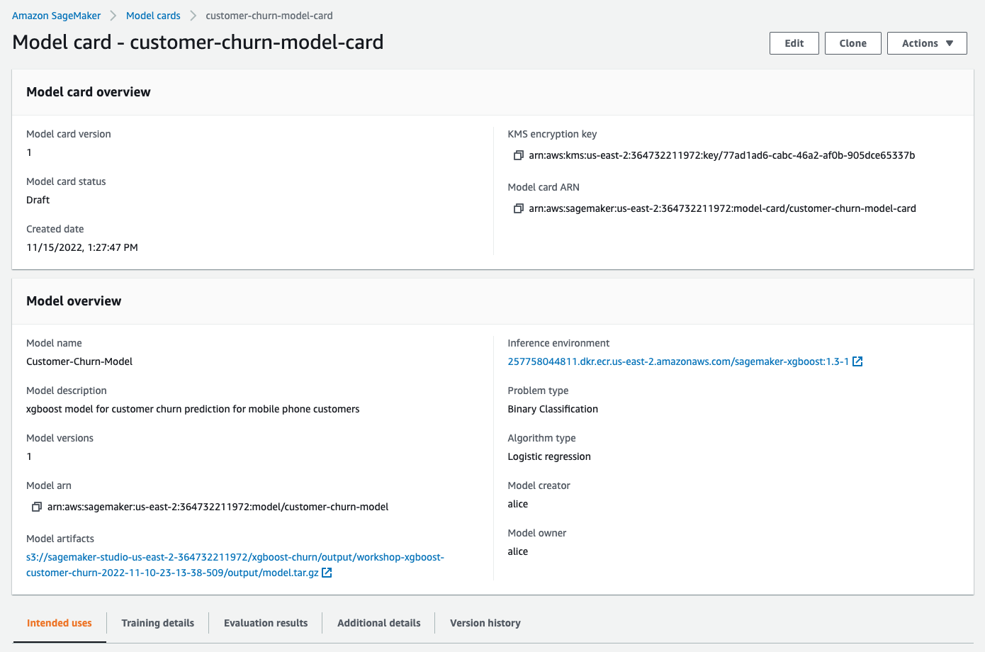 Modellinformationen in der Sagemaker-Konsole