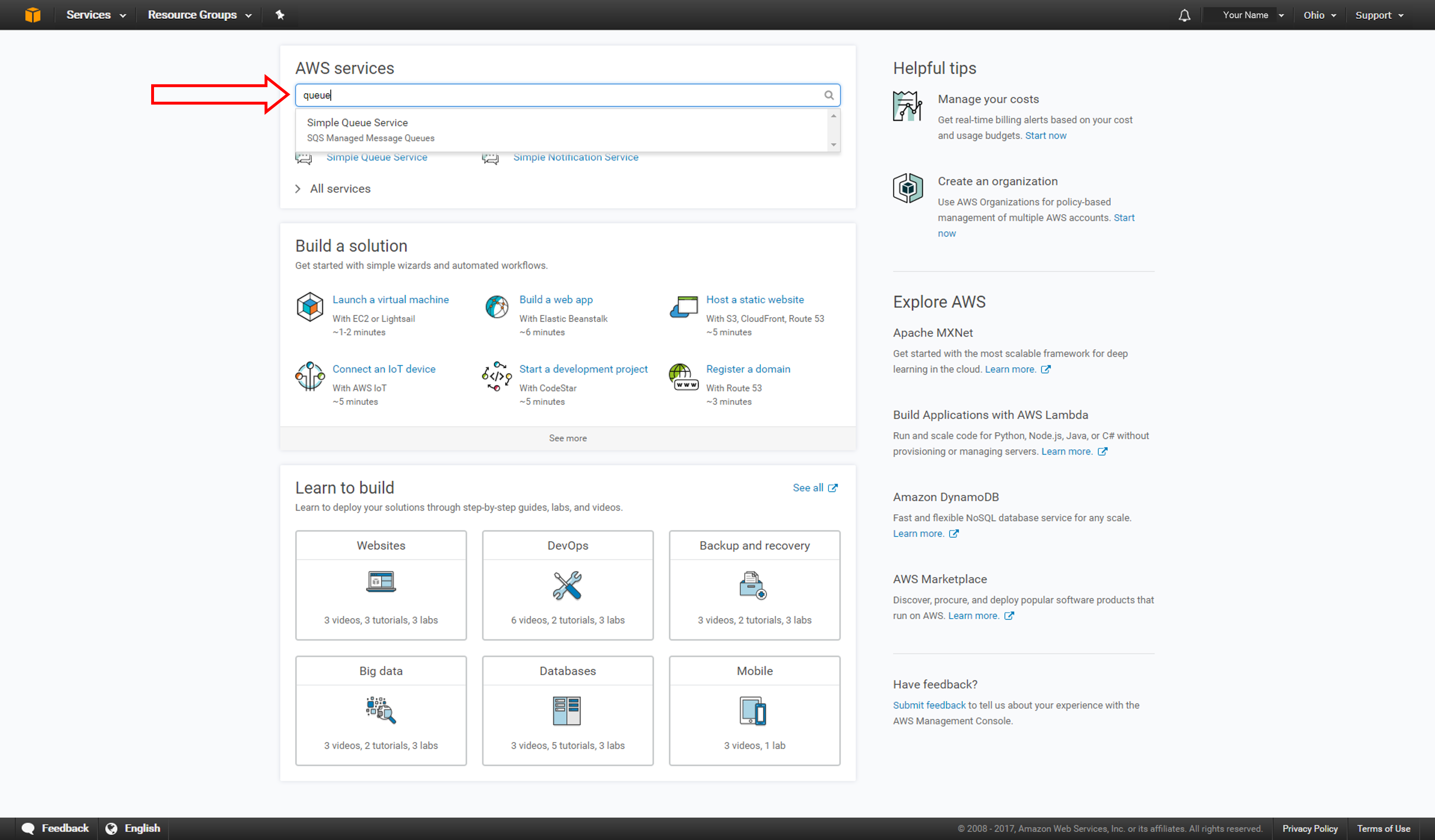 AWS Management Console - open Simple Queue Service