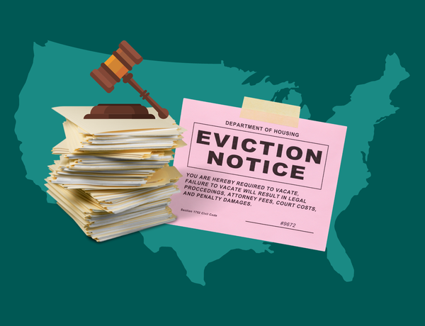 Eviction notice and court documents over a U.S. map