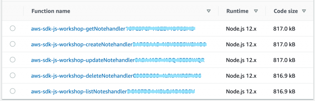 A list of lambda functions with Runtime and Code sizes in v2