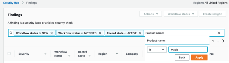 Figure 6: Filter for Macie findings in Security Hub