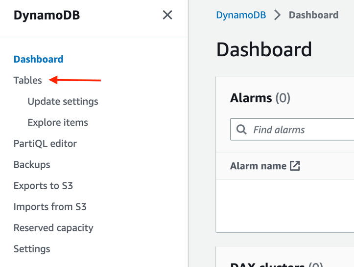 Figure 7: DynamoDB menu