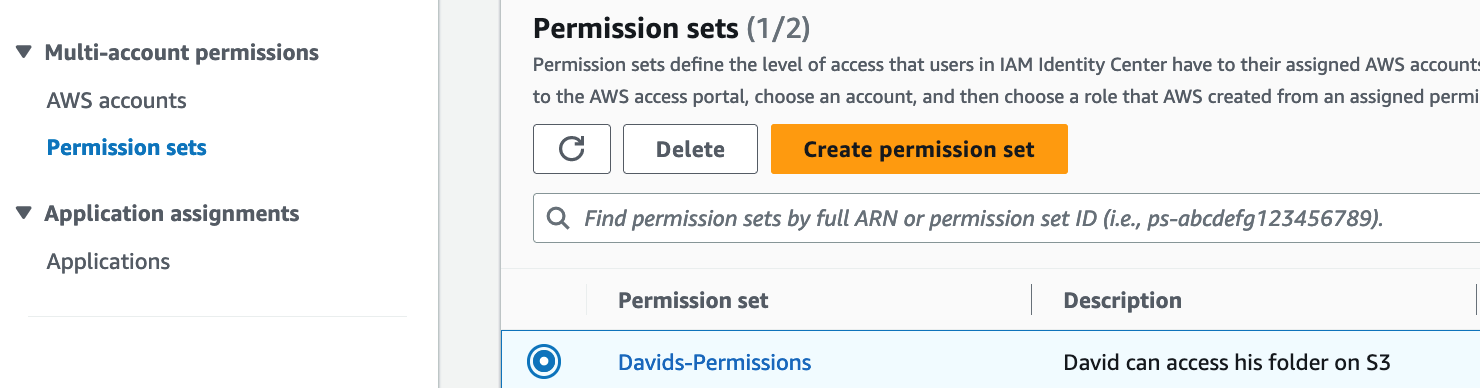 Figure 17: Screenshot of permission sets inside Identity Center with Davids-Permissions selected.