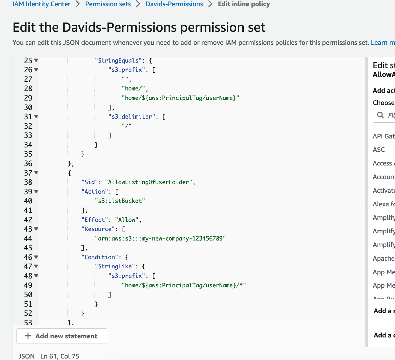 Figure 18: Screenshot of David’s policy inside his permission set inside Identity Center.