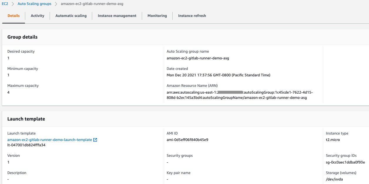 After the stack is deployed successfully, you will see the Gitlab Runner autoscaling group created in the EC2 console. 