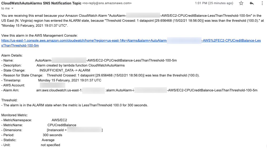 The notification email says the CPUCreditBalance alarm has entered the ALARM state. It provides details, including timestamp, AWS account, alarm ARN, and the threshold that was exceeded.