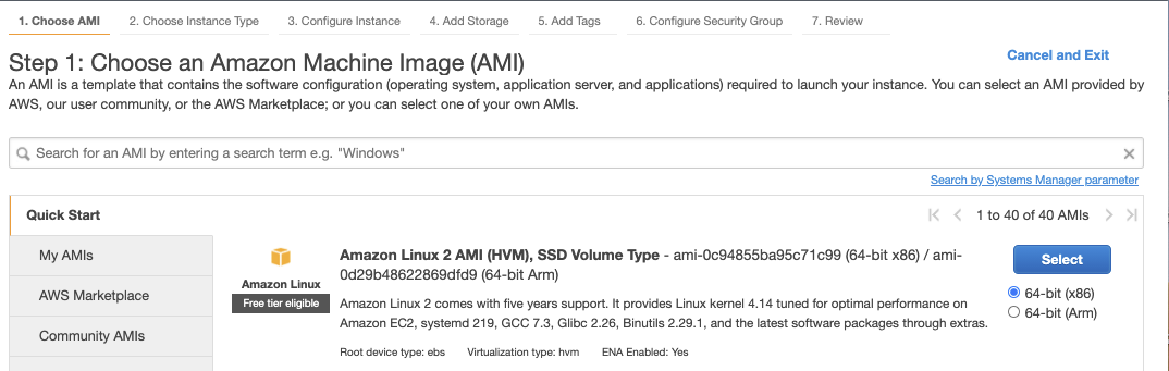 The Choose an Amazon Machine Image page displays the Amazon Linux 2 AMI.