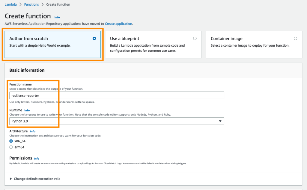 Create function wizard of the AWS Lambda console with the following data – Author from scratch selected, resilience-reporter as the function name, Python 3.9 as the runtime and x86_64 as the architecture