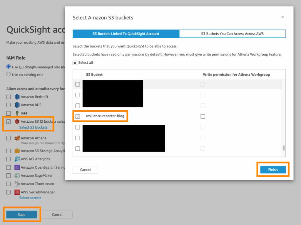 Amazon S3 selected in the “Allow service access” wizard on QuickSight. The resilience-reporter-blog S3 bucket selected in the pop-up