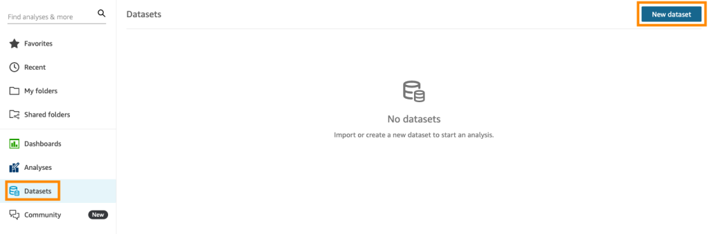 Navigate to datasets on QuickSight console and select “New dataset”