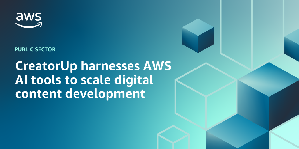 AWS branded background design with text overlay that says "CreatorUp harnesses AWS AI tools to scale digital content development"