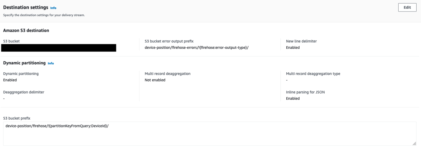 Destination settings for Firehose stream