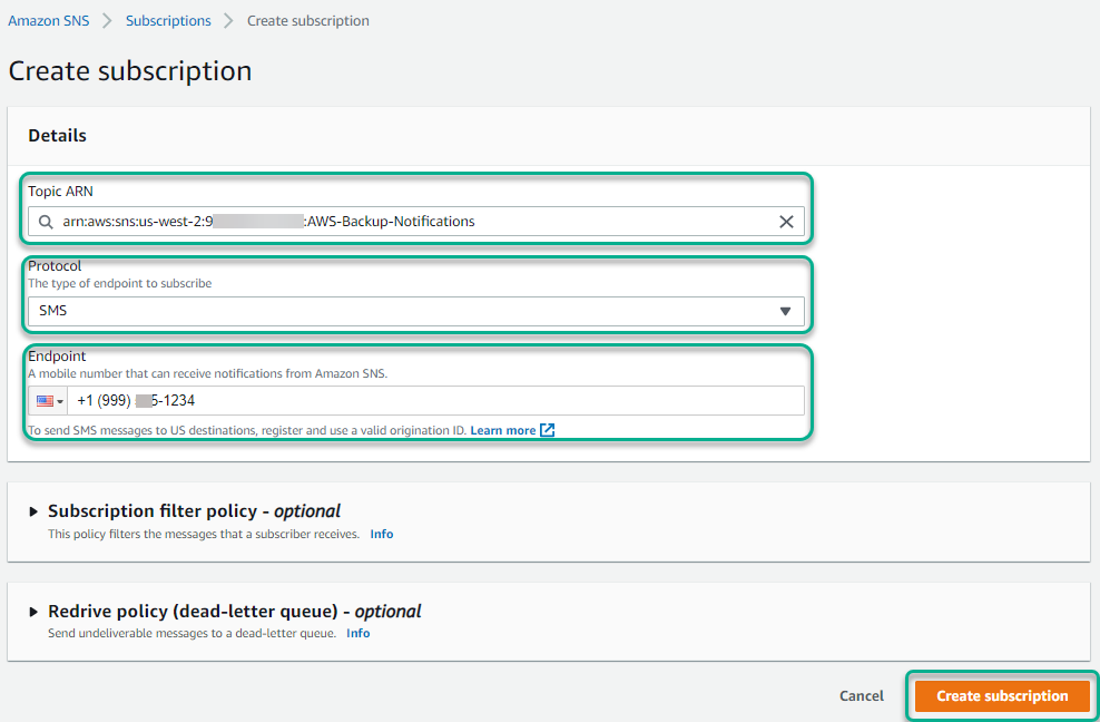 Setting up SMS subscription messages in Amazon SNS