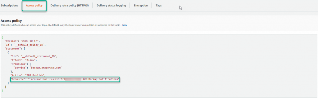 The Access policy tab shows the contents of the Access Policy once you are done replacing the resource Arn field with the topic ARN from your SNS topic