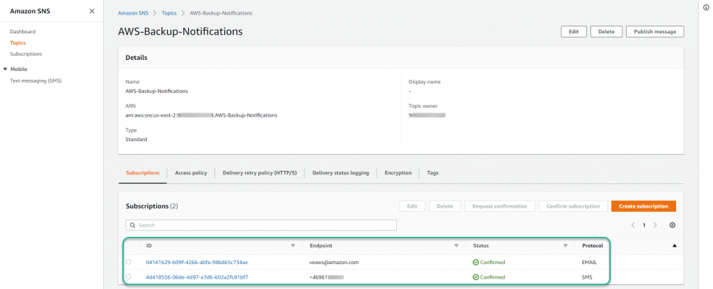 Topics in the Amazon SNS console and then your specific topic - subscriptions created appear on the Details page under Subscriptions