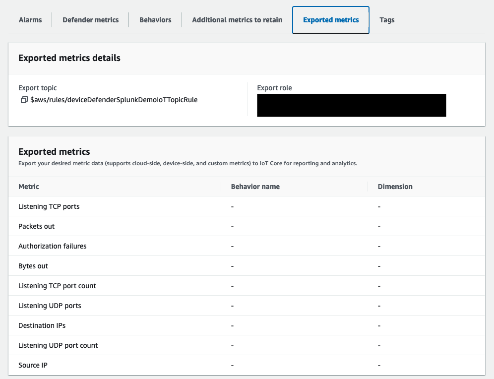 Figure 3: Screenshot of the AWS IoT Device Defender "Exported metrics" tab of the Security profile. It shows a list of preconfigured metrics.